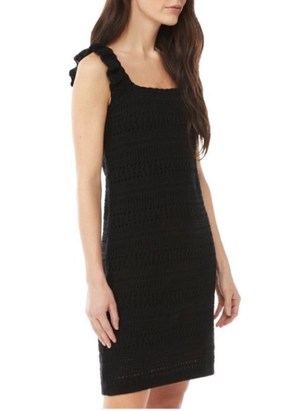 Crochet Mini Dress Size S Black Ruffle Strap Open Knit Lined Party Dark Coquette